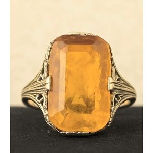 🗝️ Antique Edwardian Citrine Ring | c.1880s–1900s | 10k–14k Gold Filigree